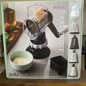 MIU ROTARY FOOD GRATER with 5 Stainless Steel Drum Attachments Hand Crank
